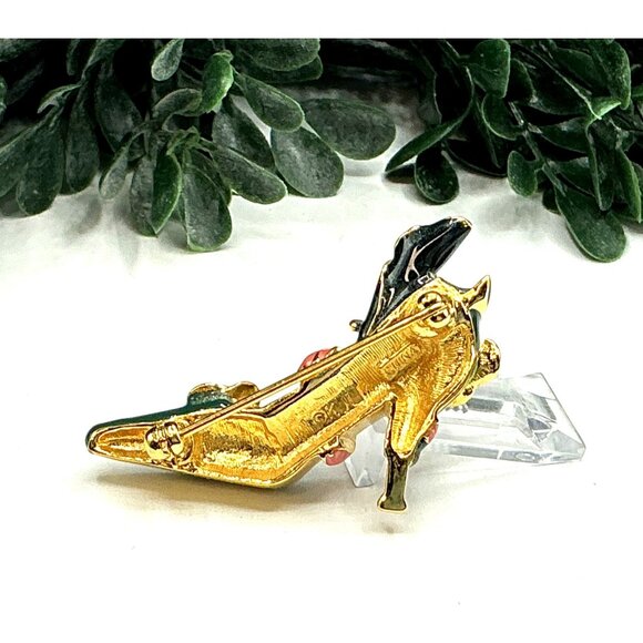 Vintage Enamel High Heel Shoe Brooch Pin Green Gold Tone - Picture 5 of 6